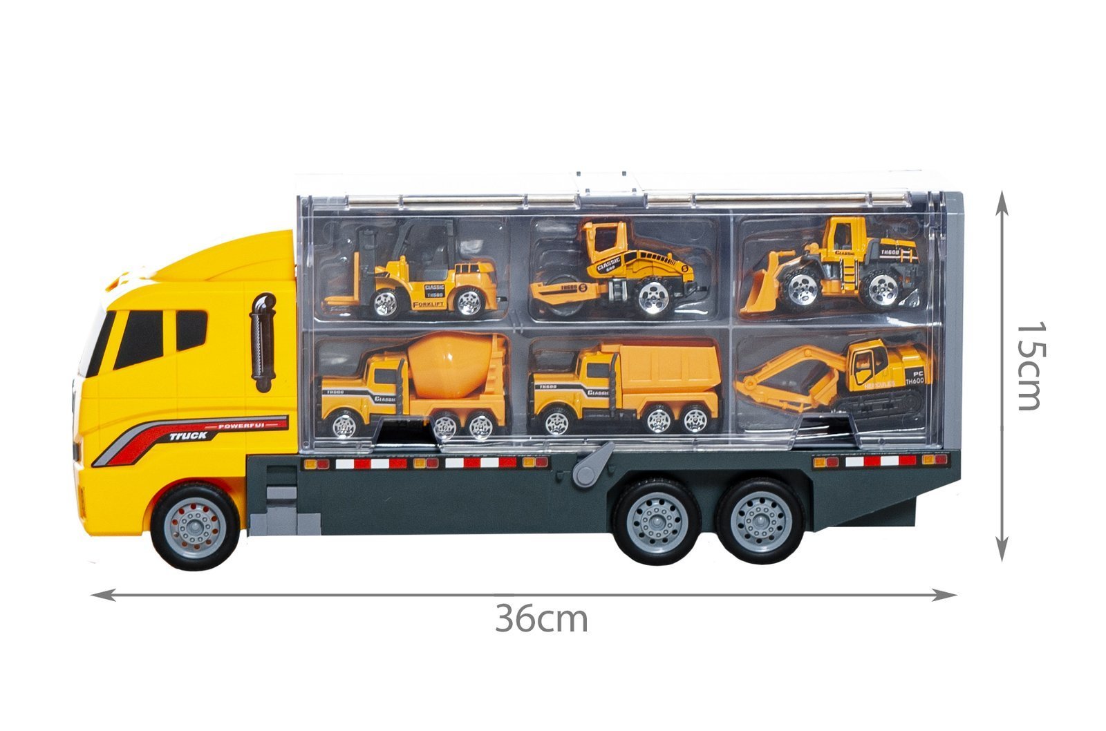 Munkagép szállító kamion átlátszó oldalfallal és 6 munkagéppel (BB10764) (5)