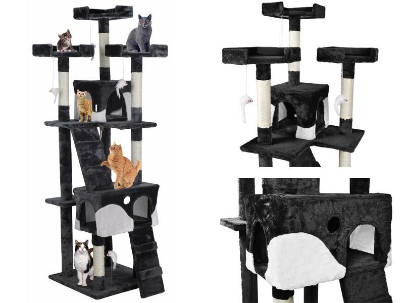 Fekete macska mászóka kaparófával, kuckókkal, és játék egerekkel – 170cm (BB2780) (1)