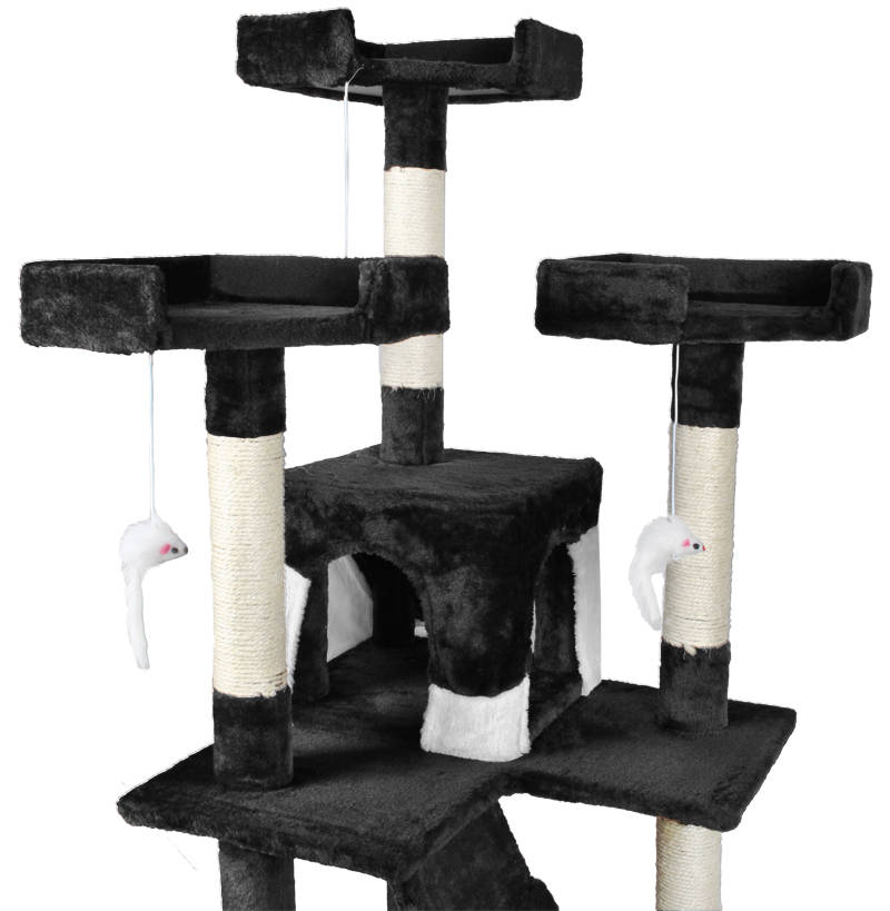 Fekete macska mászóka kaparófával, kuckókkal, és játék egerekkel – 170cm (BB2780) (4)