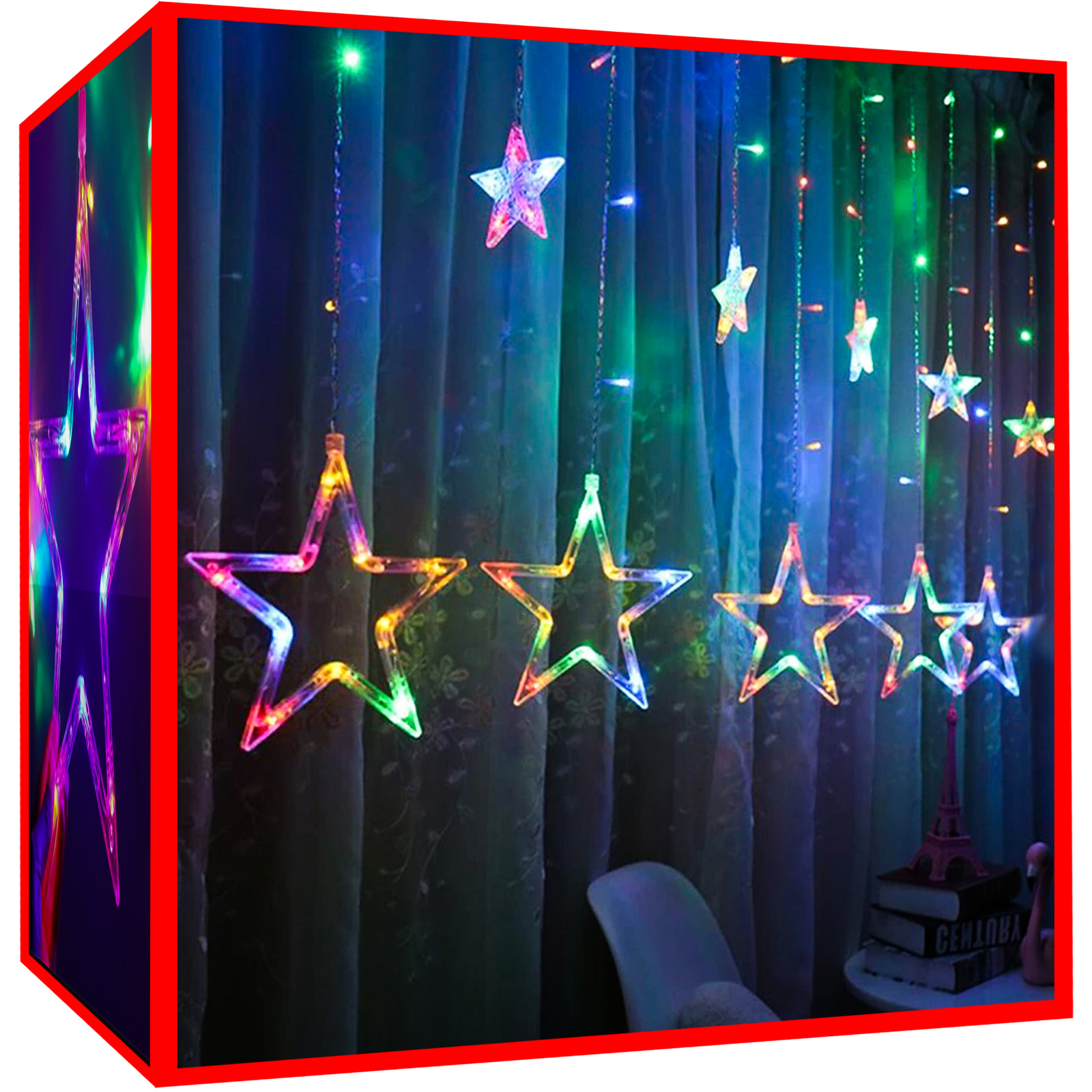 138 LED-es fényfüggöny csillagokkal kül-, és beltérre, 8 világítási móddal – 2,5 x 1 m, színes (BB-11316) (7)