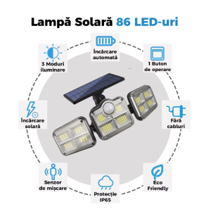 122 SMD LED-es 3 Fejes napelemes kültéri fali lámpa mozgásérzékelővel (BBJH) - Image 4