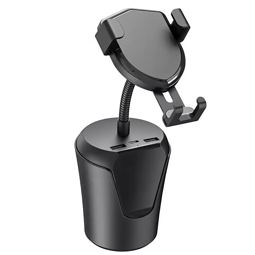 BX-8 vezeték nélküli autós gyorstöltő telefontartó – pohártartóba helyezhető, 360°-ban állítható, USB-C és két USB kimenettel 1