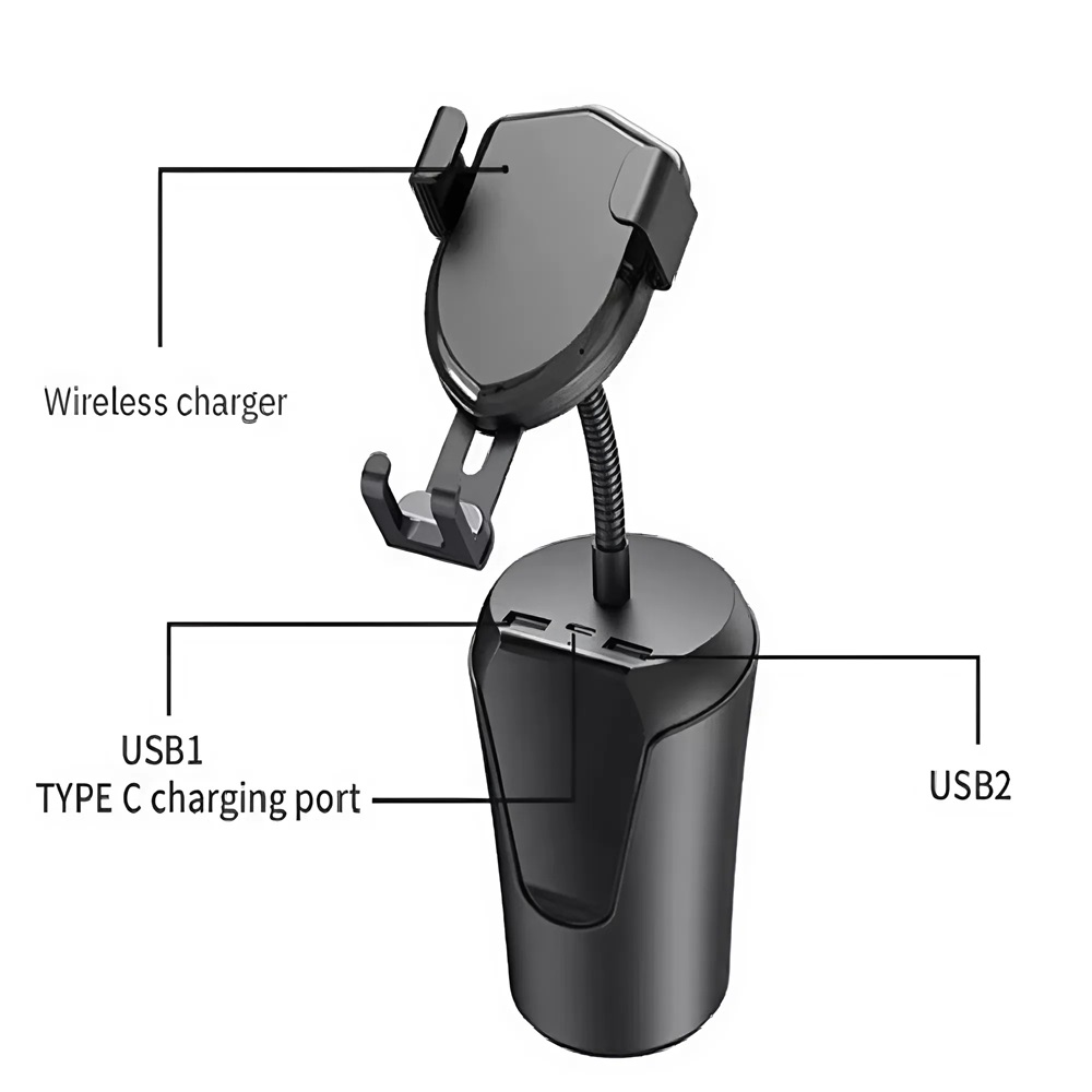BX-8 vezeték nélküli autós gyorstöltő telefontartó – pohártartóba helyezhető, 360°-ban állítható, USB-C és két USB kimenettel
