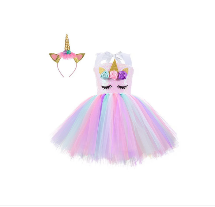 Farsangi unikornis tündérruha jelmez szivárványszínű ruhával és fejdísszel – S méret 110 cm magasságra 1