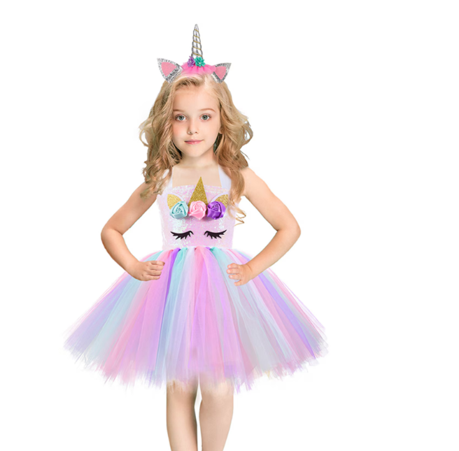 Farsangi unikornis tündérruha jelmez szivárványszínű ruhával és fejdísszel – S méret 110 cm magasságra 3