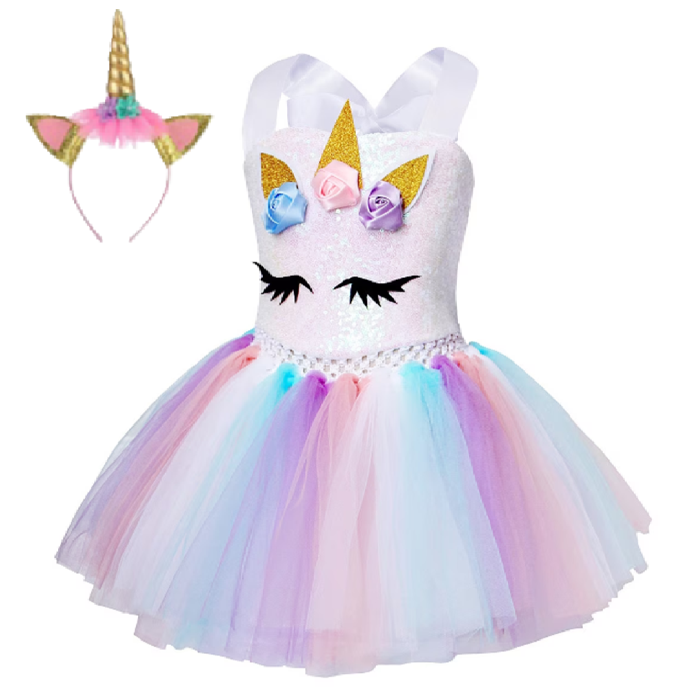 Farsangi unikornis tündérruha jelmez szivárványszínű ruhával és fejdísszel – S méret 110 cm magasságra 4