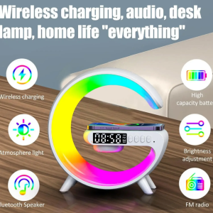 G63 Multifunkciós szórakoztató állomás – Bluetooth hangszóró, vezeték nélküli töltő, RGB LED party fény és éjszakai lámpa – 10W (BBV) - Image 7