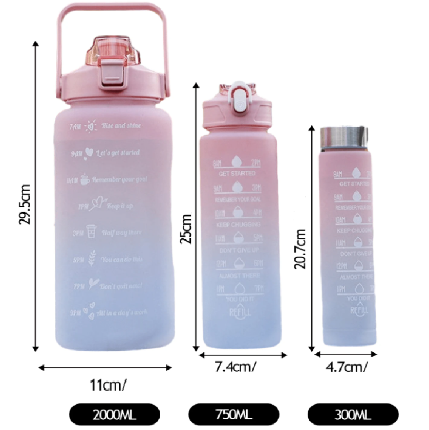 Háromrészes Havita motivációs kulacs szett, rózsaszín-kék színkombinációban, 2L, 900 ml és 300 ml méretű palackokkal 2