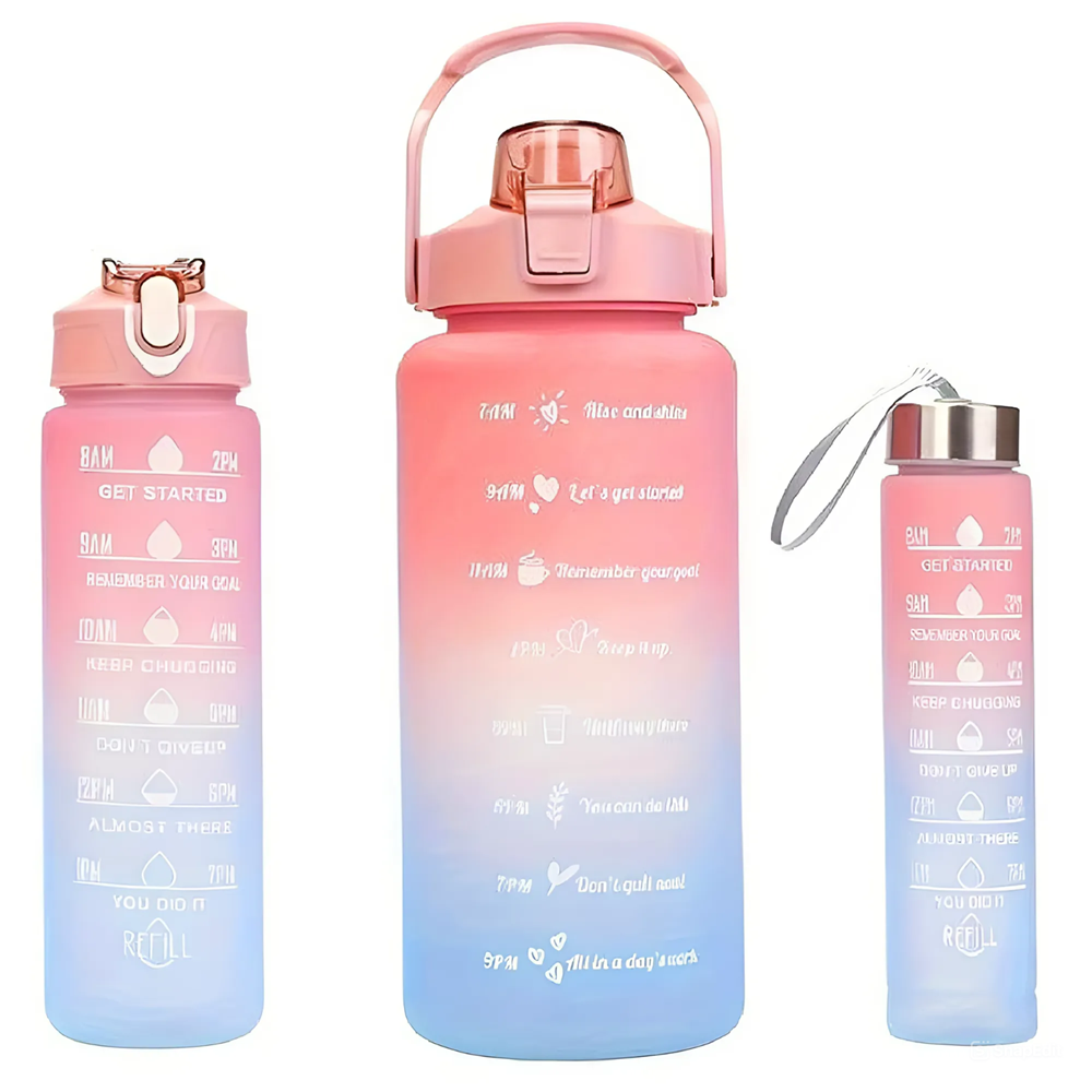 Háromrészes Havita motivációs kulacs szett, rózsaszín-kék színkombinációban, 2L, 900 ml és 300 ml méretű palackokkal