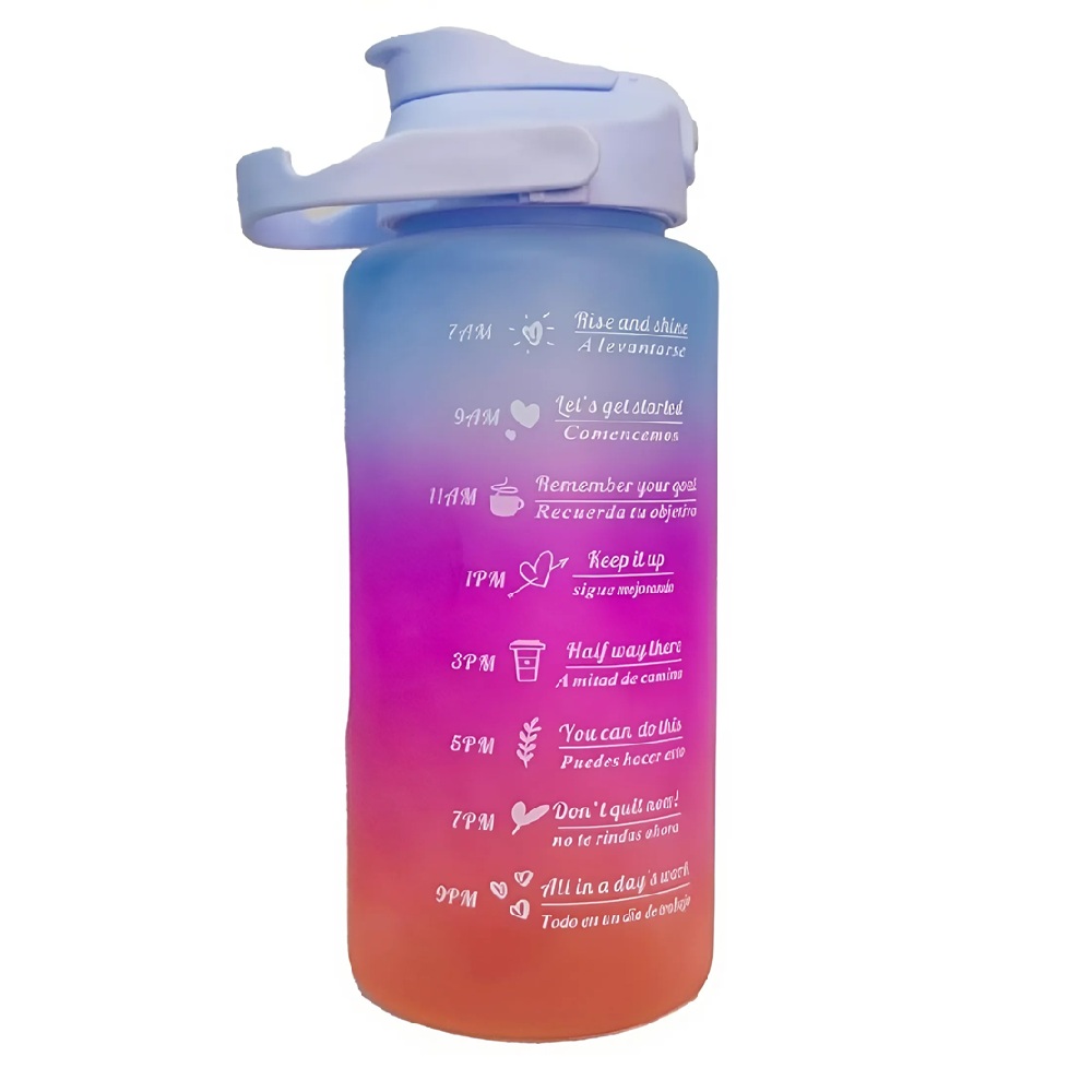 Háromrészes motivációs kulacs szett, kék-lila-narancssárga színkombinációban, 2L, 900 ml és 300 ml méretű palackokkal 2