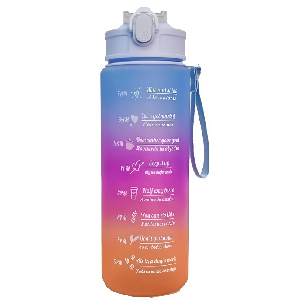 Háromrészes motivációs kulacs szett, kék-lila-narancssárga színkombinációban, 2L, 900 ml és 300 ml méretű palackokkal