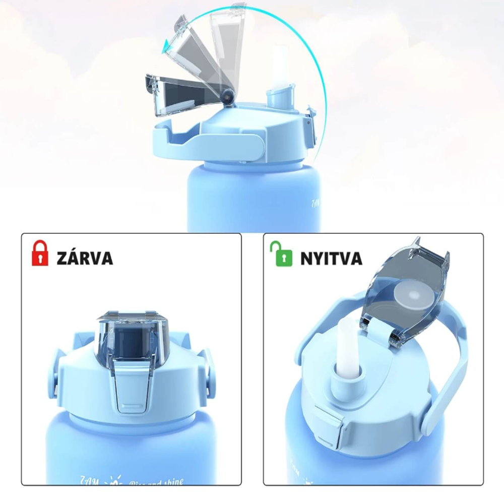 Háromrészes motivációs kulacs szett, lila-sárga-kék színkombinációban, 2L, 900 ml és 300 ml méretű palackokkal