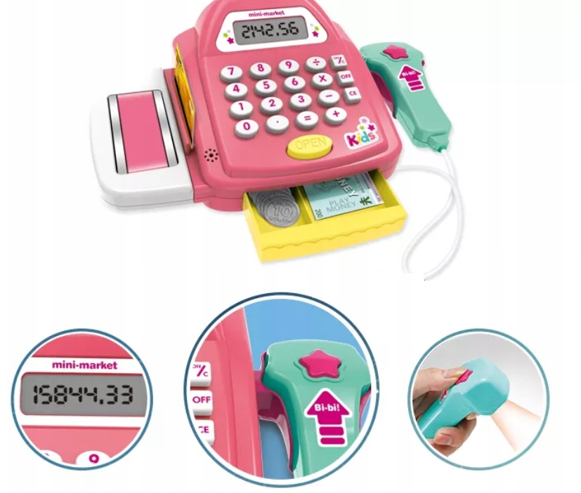 Interaktív gyermek Játék pénztárgép – játék pénzzel, élelmiszerekkel és kasszaszalaggal 5