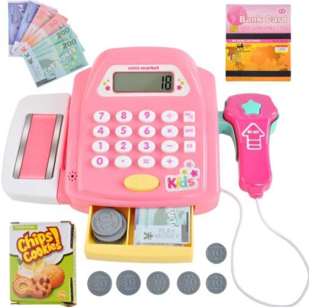 Interaktív gyermek Játék pénztárgép – játék pénzzel, élelmiszerekkel és kasszaszalaggal3