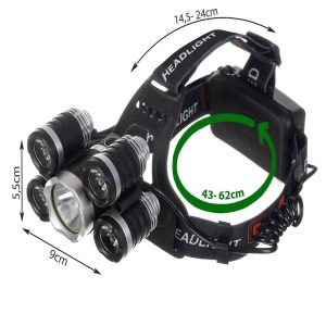 Nagy fényerejű fejlámpa 5 x T6 CREE leddel / akkumulátorral - állítható pántokkal, 4 világítási móddal (BBL) - Image 6