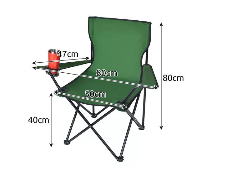 Összecsukható és könnyen hordozható kempingszék italtartós karfával és 100 kg teherbírással – zöld horgászszék 11