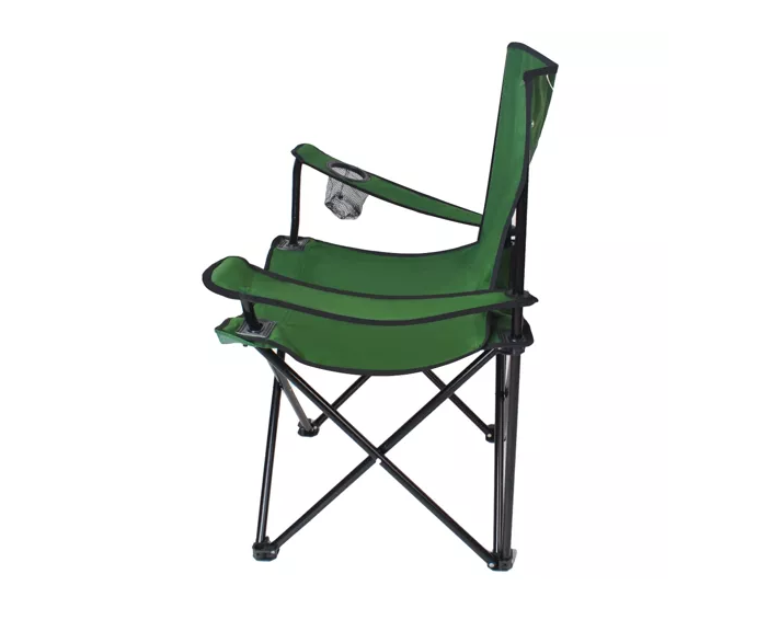 Összecsukható és könnyen hordozható kempingszék italtartós karfával és 100 kg teherbírással – zöld horgászszék 2