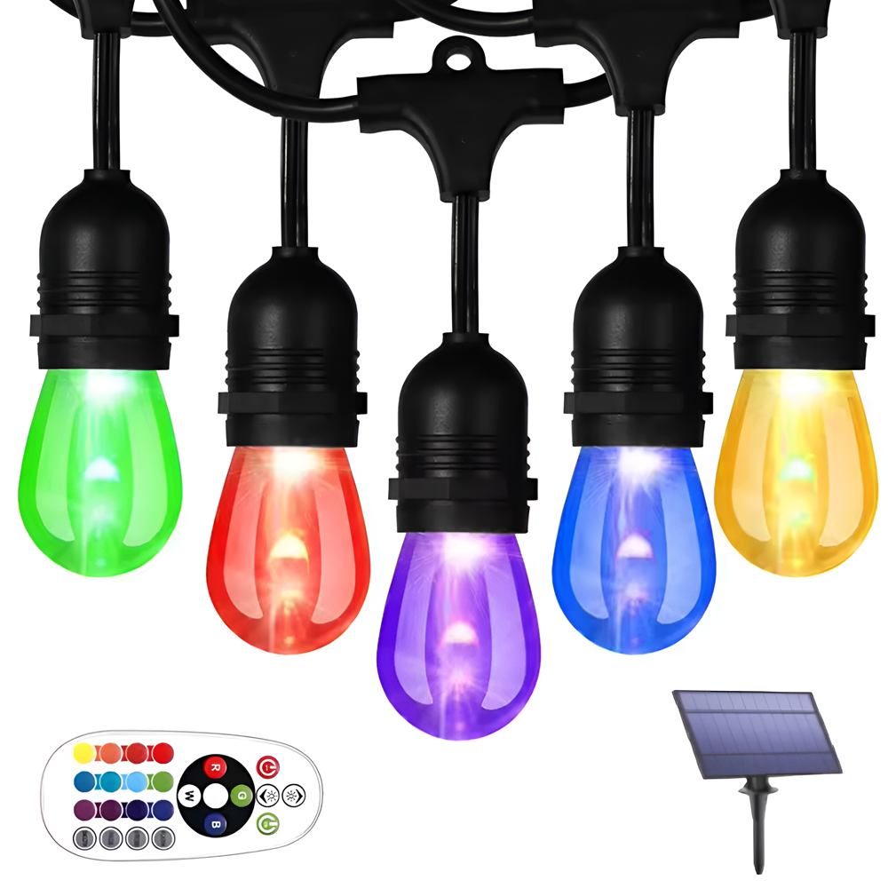 RGB 10 méteres vízálló napelemes fényfüzér világítás 10-db E27 izzóval és távirányítóval (THM)1