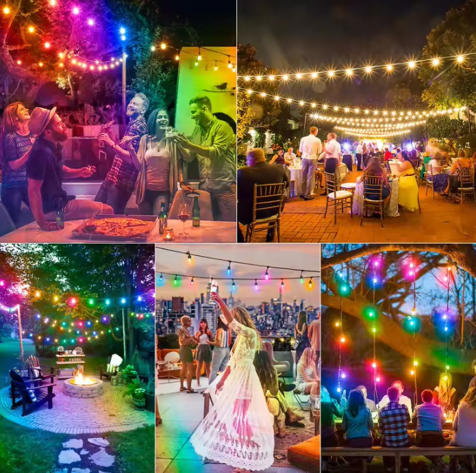 RGB 10 méteres vízálló napelemes fényfüzér világítás 10-db E27 izzóval és távirányítóval (THM)3