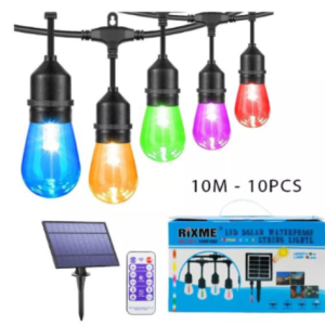RGB 10 méteres vízálló napelemes fényfüzér világítás 10-db E27 izzóval és távirányítóval (THM) - Image 8
