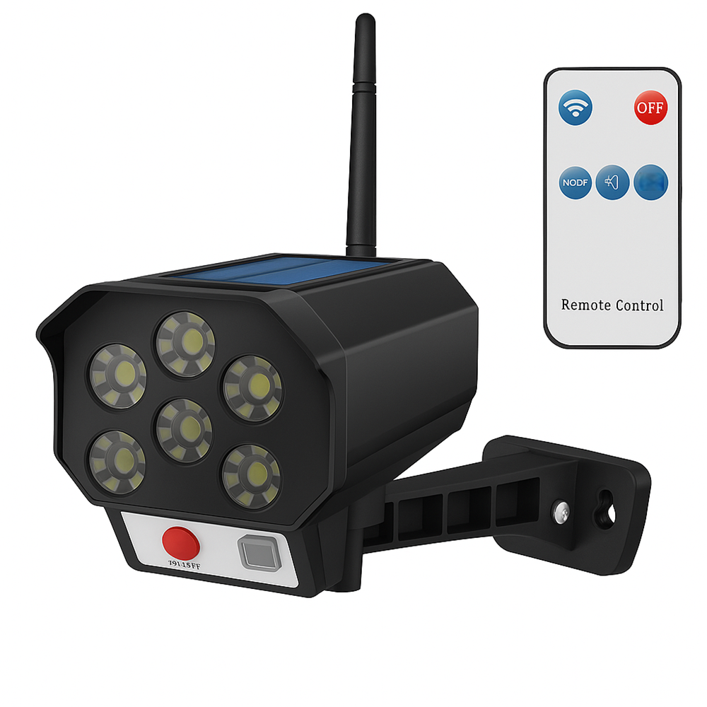 Mozgásérzékelős_napelemes_LED_lámpa_álkamerás_CCTV_hatással_kültéri_biztonsági_világítás_távirányítóval_BK_365