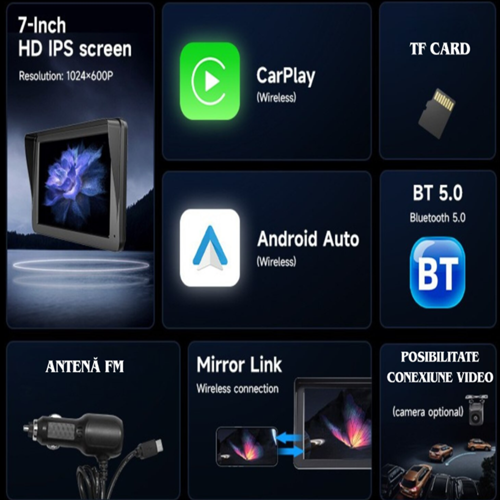 Autós multimédiás navigációs rendszer – 7-os HD érintőképernyő, CarPlay & Android Auto, Bluetooth 5.4, FMAUX, TF kártyahely SD7299 (THM)6