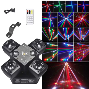 4 karos lézer-LED diszkófény mozgófejes effektekkel – stroboszkóp, hangvezérlés és távirányító-48W (BBD) - Image 1