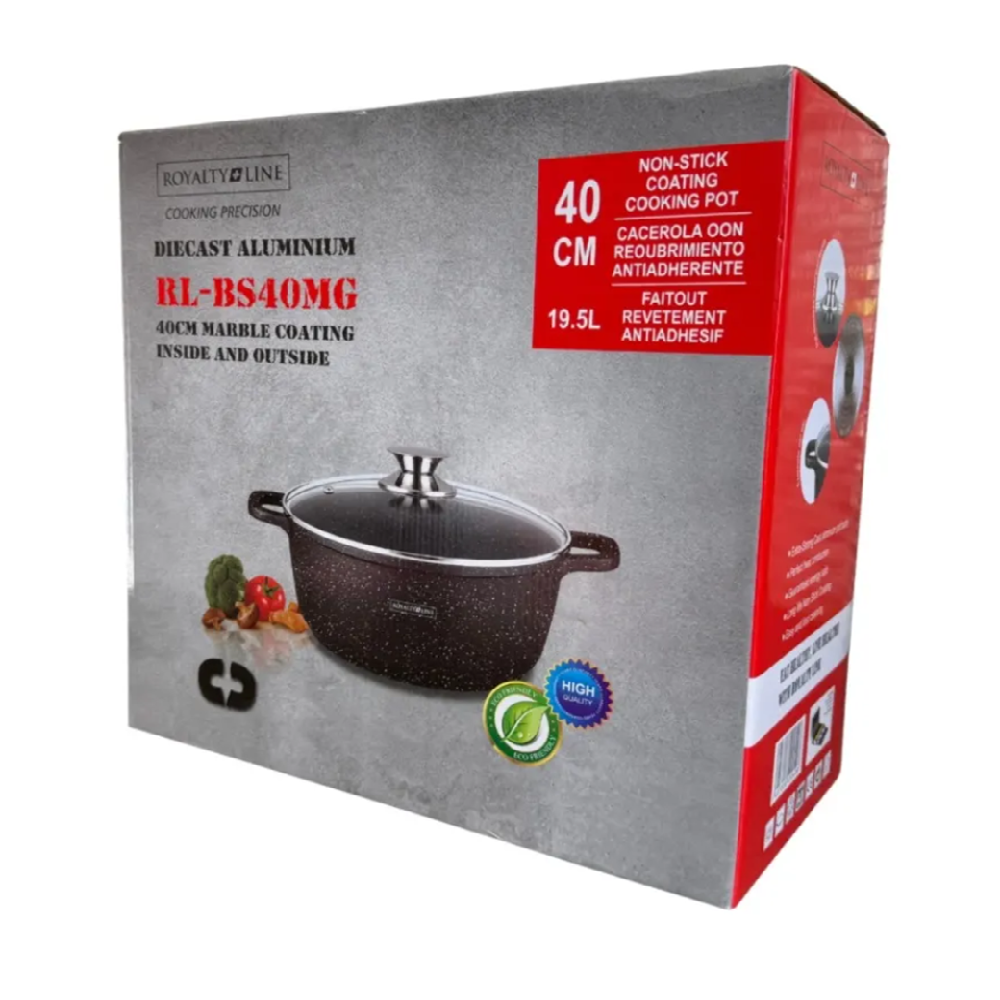 Royalty Line márványbevonatú 40 cm-es lábas – 19,5L nagykapacitású tapadásmentes főzőedény üvegfedővel RL-BS40MG8