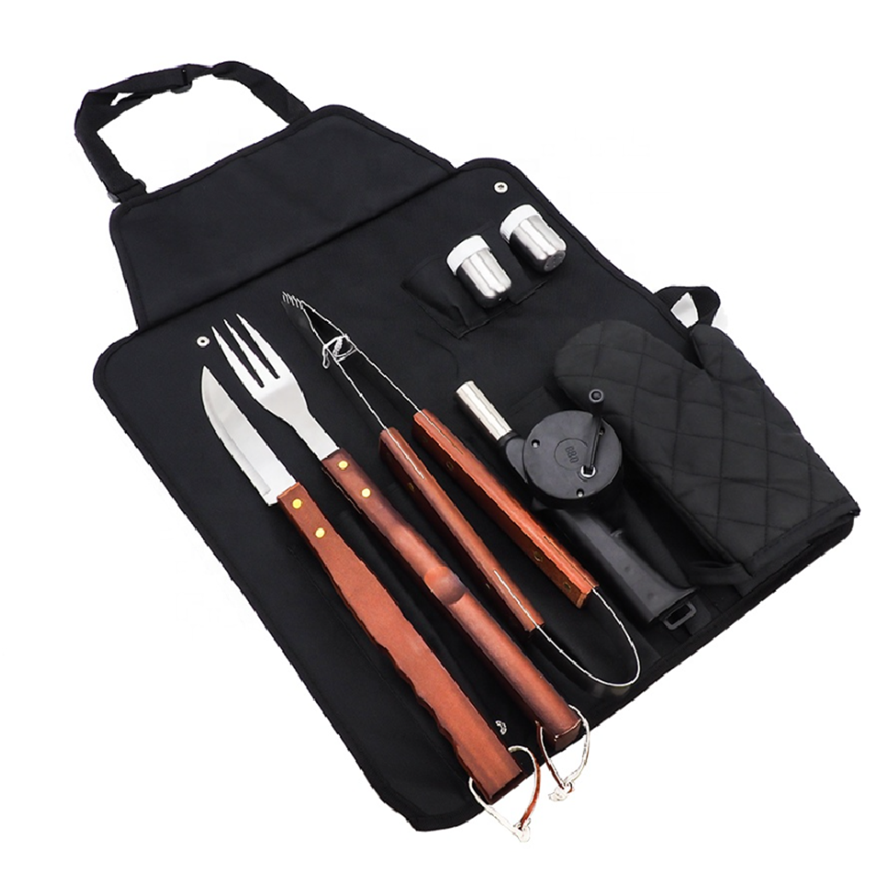 BBQ grillező kötény szett – 60×40 cm-es fekete kerti főző kötény több zsebbel, praktikus tároló rekeszekkel és kiegészítő tartóval (BLLV)