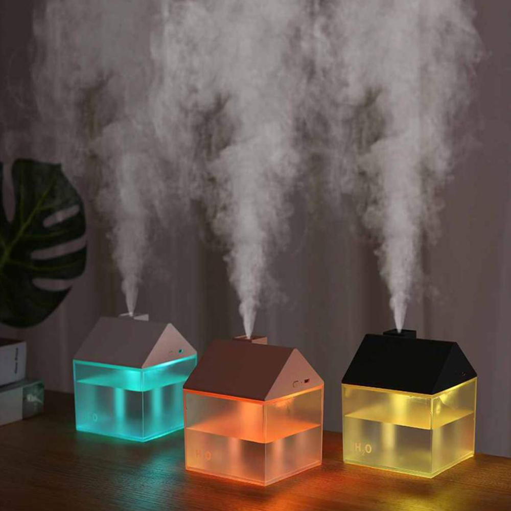 Házikó alakú ultrahangos párologtató diffúzor – LED világítással, halk működésű párásító otthonra és irodába 250 ml – fekete (BLLV)1