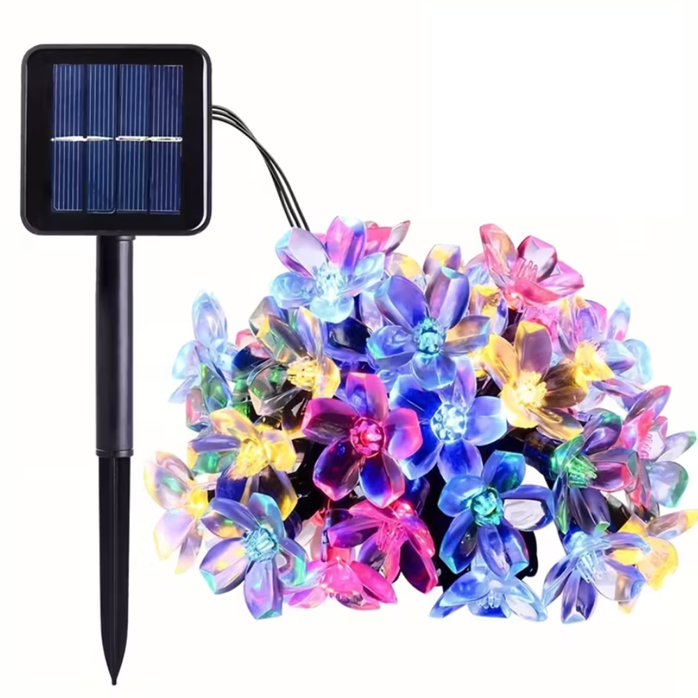 Napelemes LED-es karácsonyi cseresznyevirág fényfüzér – 50 cm hosszú, színes kültéri dekoráció kertbe, teraszra és erkélyre (BBD)1