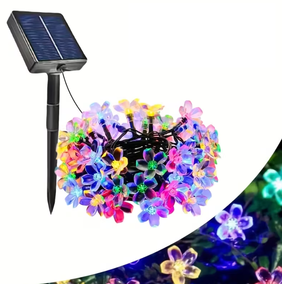 Napelemes LED-es karácsonyi cseresznyevirág fényfüzér – 50 cm hosszú, színes kültéri dekoráció kertbe, teraszra és erkélyre (BBD)2