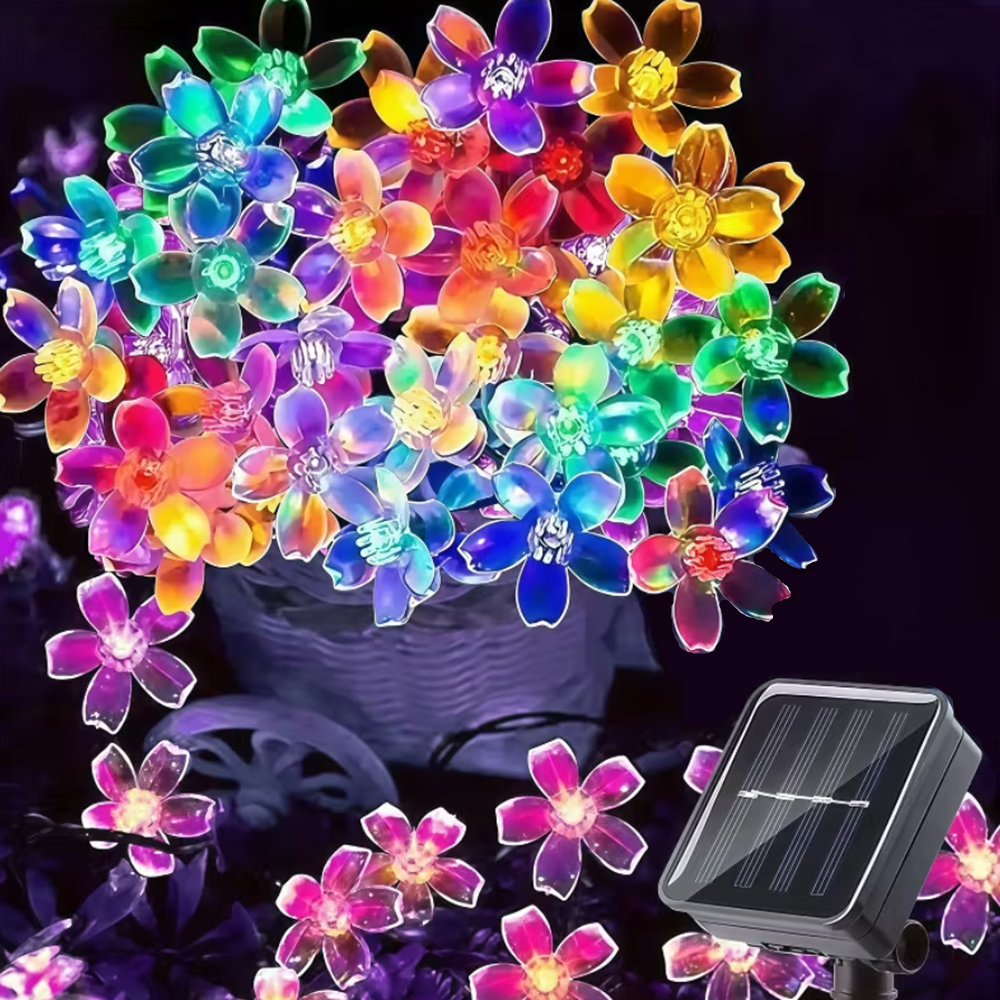 Napelemes LED-es karácsonyi cseresznyevirág fényfüzér – 50 cm hosszú, színes kültéri dekoráció kertbe, teraszra és erkélyre (BBD)3