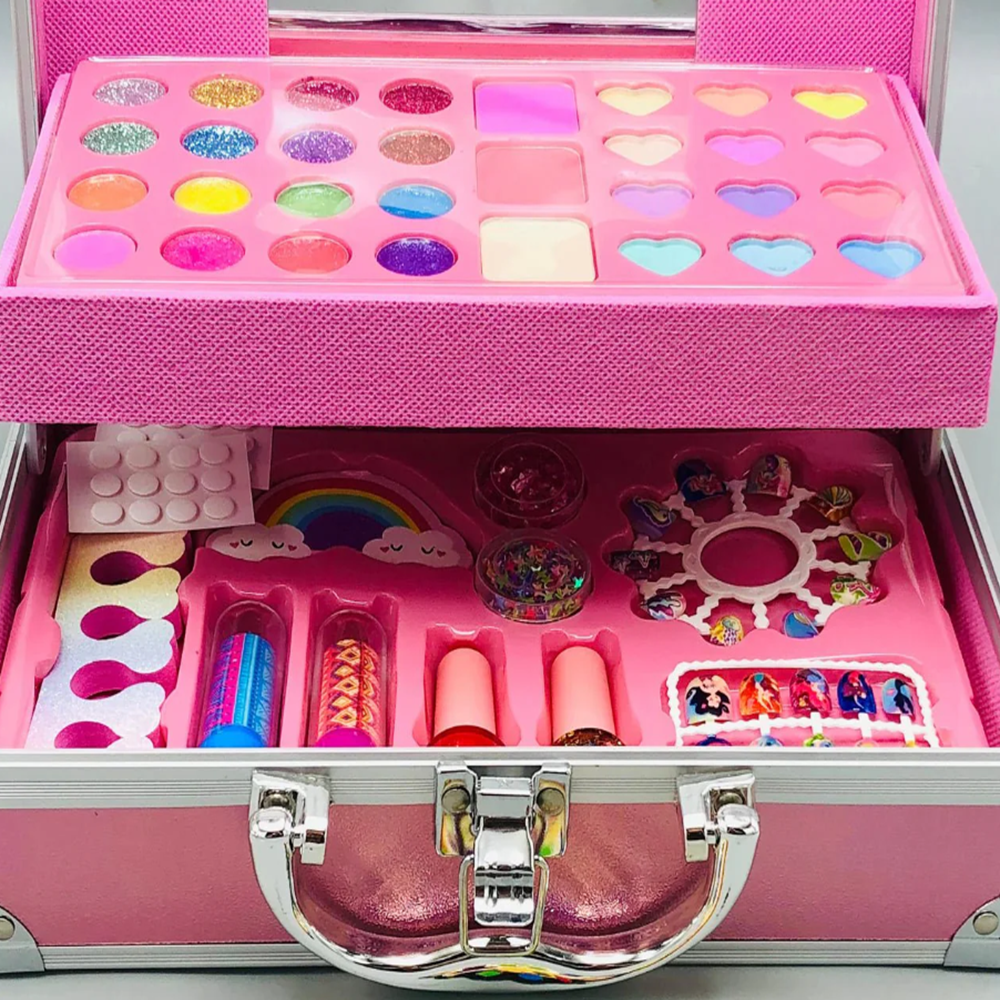 Unikornisos gyerek sminkkészlet – 46 részes ragyogó kozmetikai szett fém tárolódobozban, kreatív játék és ajándék kislányoknak (BBJ)3