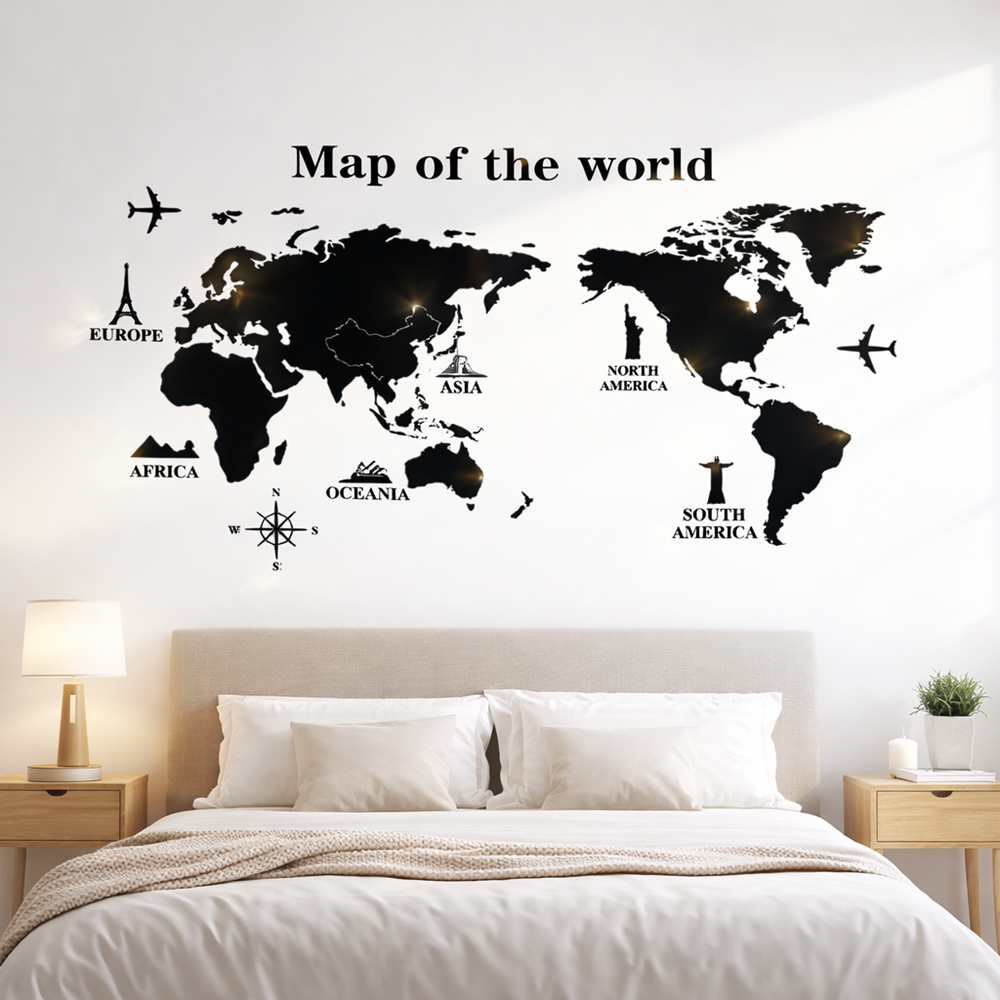 Világtérkép falmatrica – 160×120 cm-es területű dekorációs fali matrica modern otthonokba és irodákba (BLLV)1