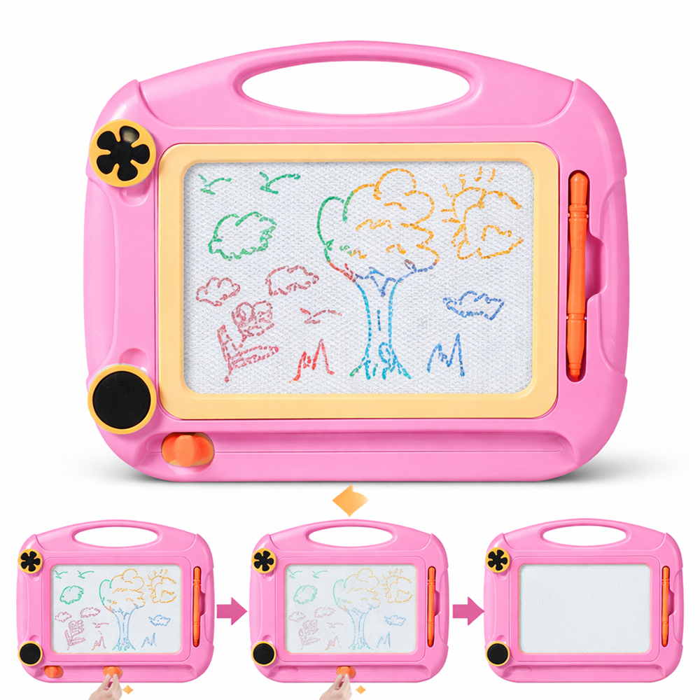 DoodleDorka mágneses rajztábla 4 színnel és 2 bélyeggel – törölhető rajzoló tábla gyerekeknek 30×45 cm (rózsaszín) (BBJ) 3
