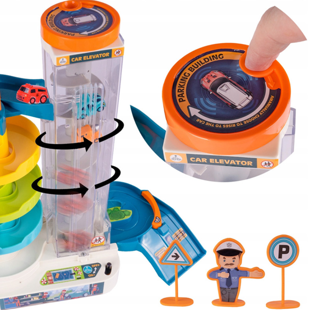 Gyermek 4 szintes parkolóház elektromos lifttel fényekkel és hangokkal – 6 autó, helikopter-leszálló (BBMJ) 3