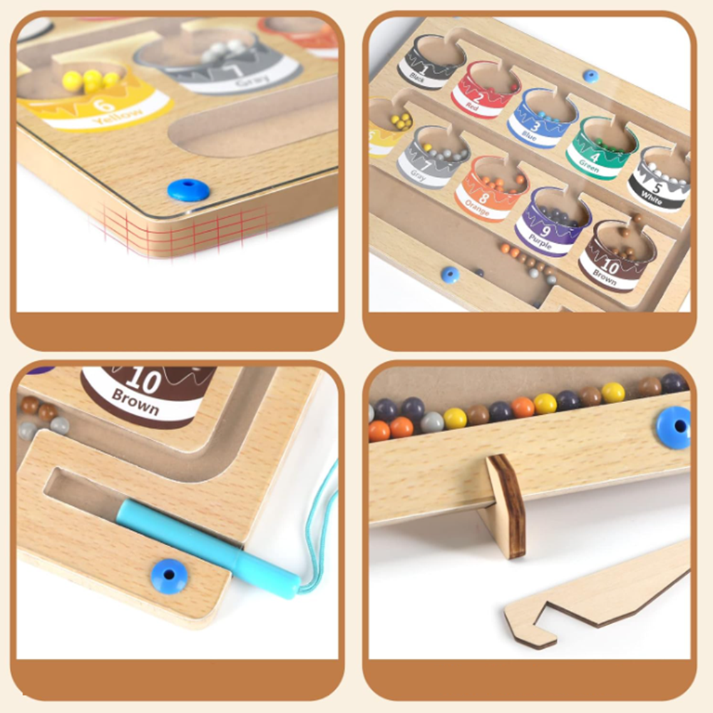 Mágneses szám- és színlabirintus fa készségfejlesztő játék – színrendező tábla 10 színes mágnesgolyóval, 3–8 éves gyerekeknek (BBJ) 5