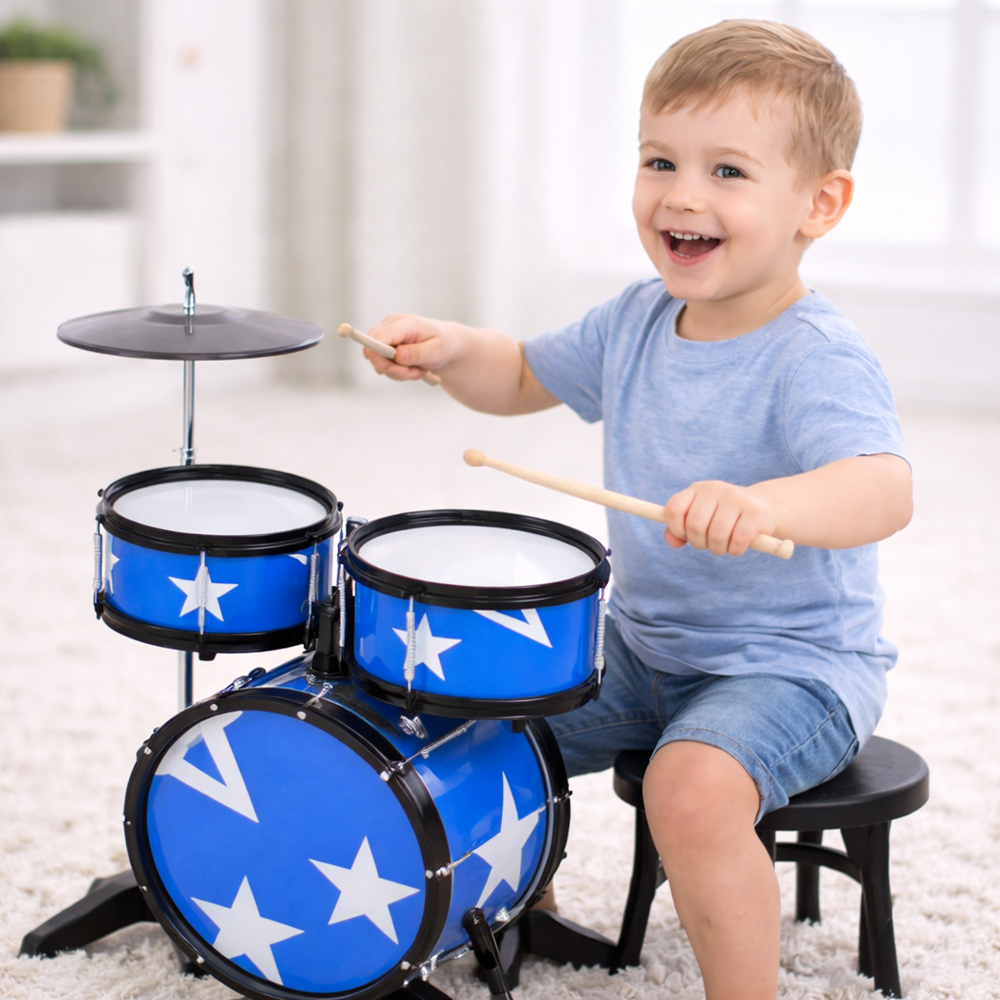 Music world 3 részes gyerek dobfelszerelés székkel – dob szett tányérral és dobverőkkel 3 éves kortól (BBJ) 2 (2)