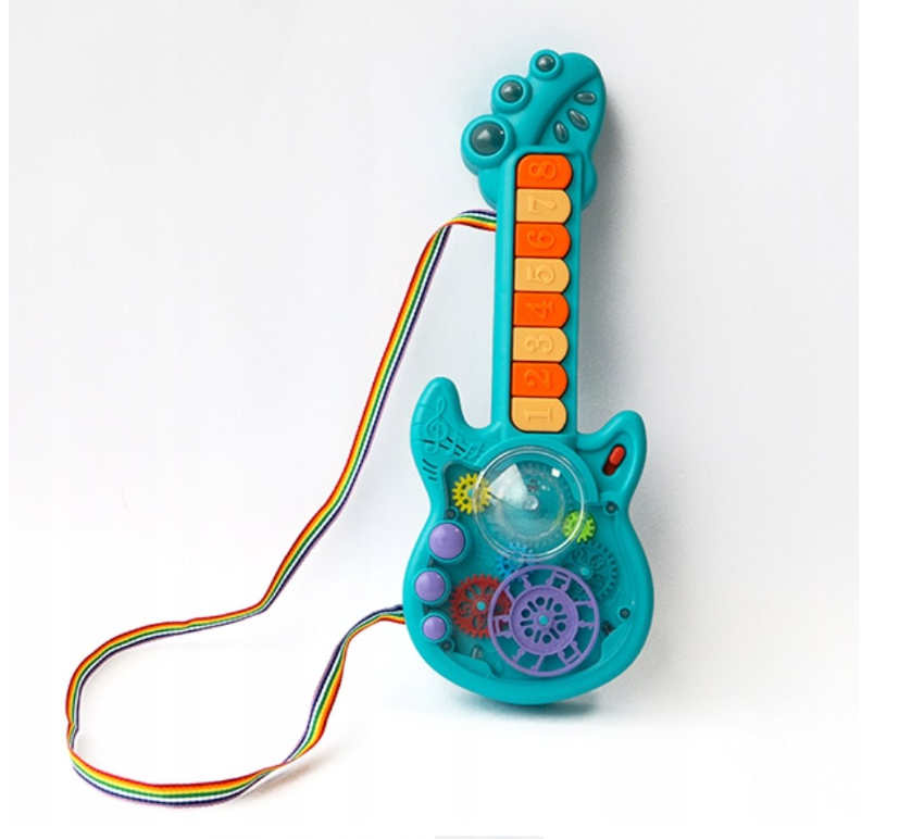 RockManó kék zenélő gitár gyerekeknek – interaktív érzékszervi fejlesztő játék 29×11 cm (BBJ) 3