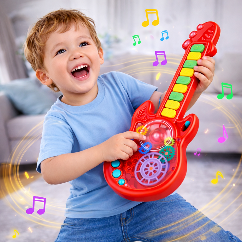 RockManó piros zenélő gitár gyerekeknek – interaktív érzékszervi fejlesztő játék 29×11 cm (BBJ) 67