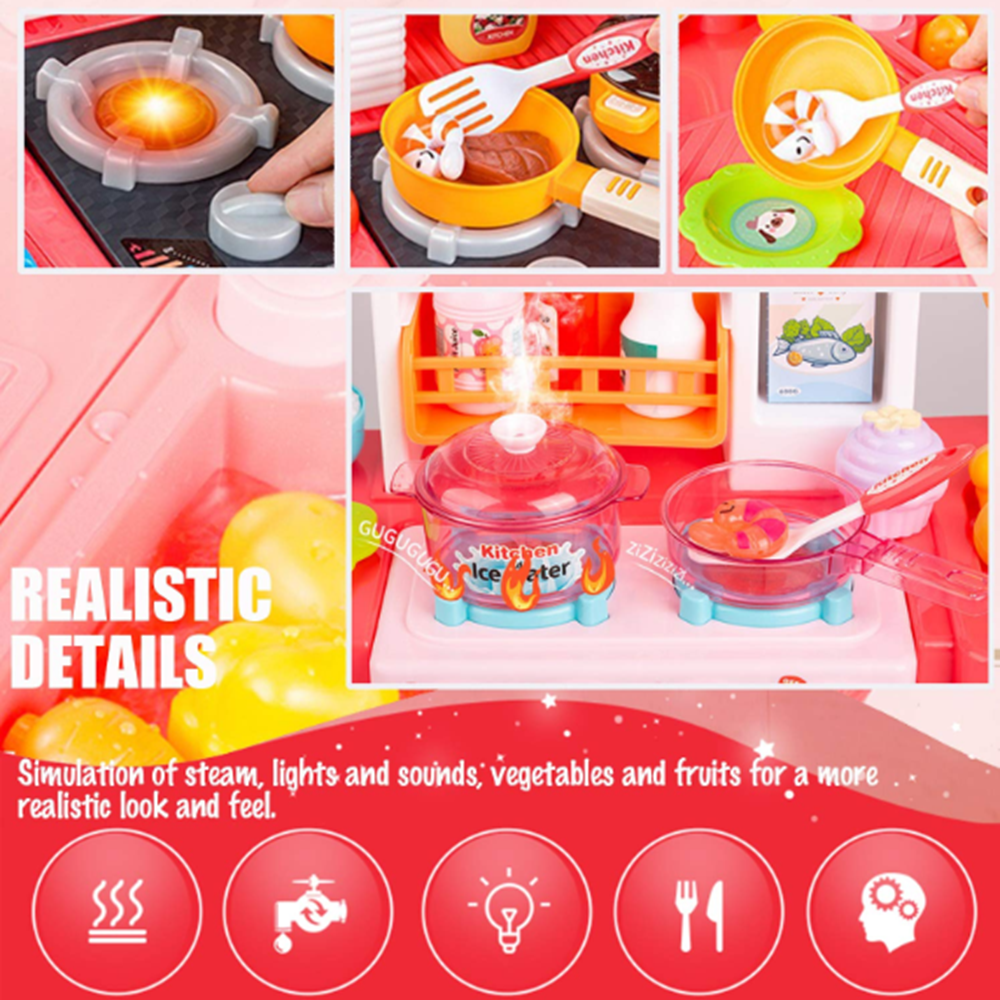 Rózsaszín, hang- és fényeffektekkel ellátott interaktív játékkonyha gyerekeknek, valósághű konyhai hangokkal és kiegészítőkkel 2