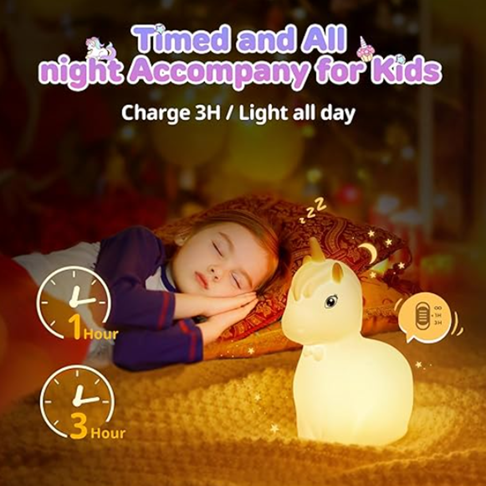 Unikornis éjszakai fény gyerekeknek – 7 színű, érintésvezérelt, újratölthető szilikon lámpa időzítővel (THM) 2