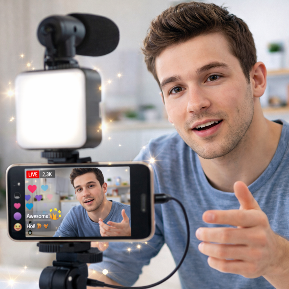 AY-49 videókészítő készlet – mobil videó és vlog készítő szett mikrofonnal, LED lámpával és állvánnyal 5