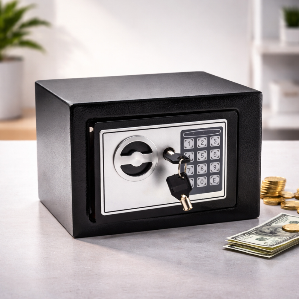 Acél digitális kombinációs széf – elektronikus kóddal nyitható biztonsági széf 4×AA elemmel, fekete trezor otthonra és irodába (BBV) 3
