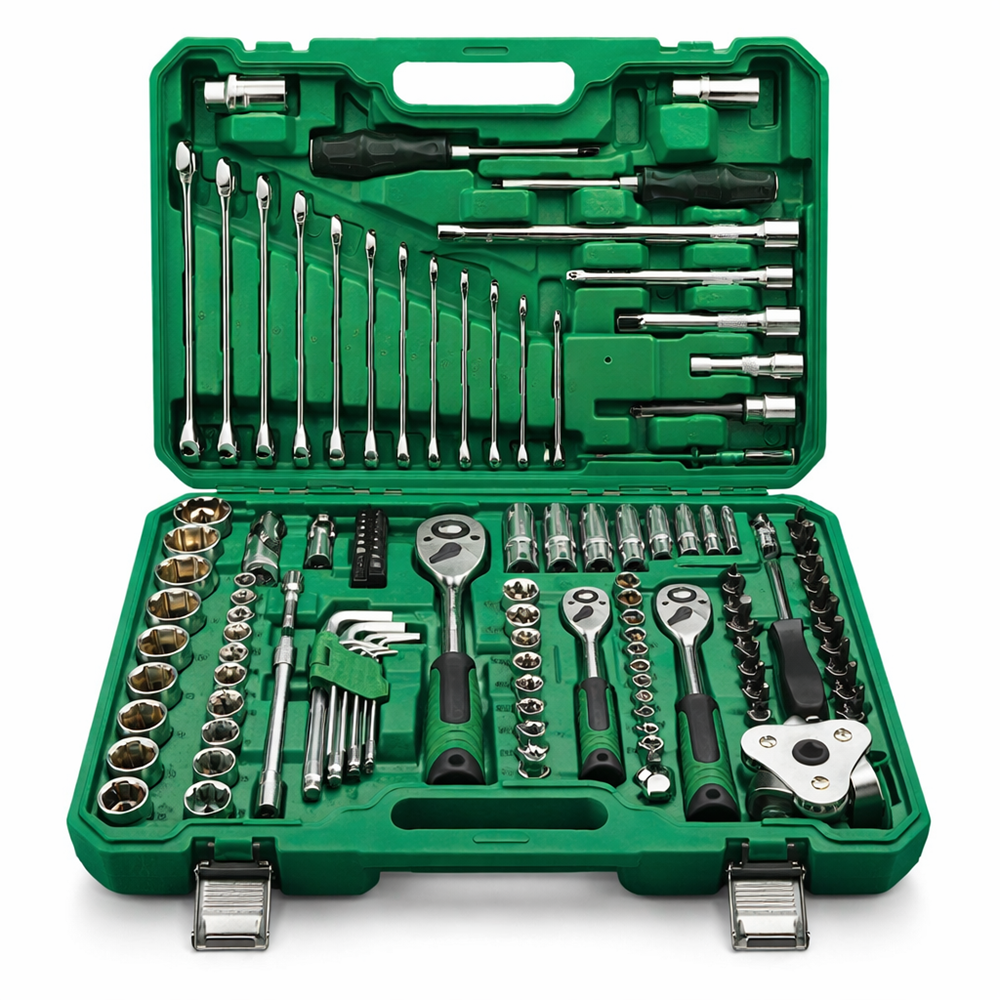 AutoPro 121 részes autószerelő szerszámkészlet kofferben – racsnis dugókulcs készlet, imbusz, bit, villáskulcs és csavarhúzó szett autó javításhoz 1