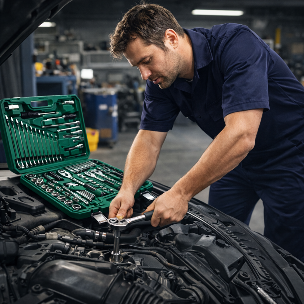 AutoPro 121 részes autószerelő szerszámkészlet kofferben – racsnis dugókulcs készlet, imbusz, bit, villáskulcs és csavarhúzó szett autó javításhoz 3