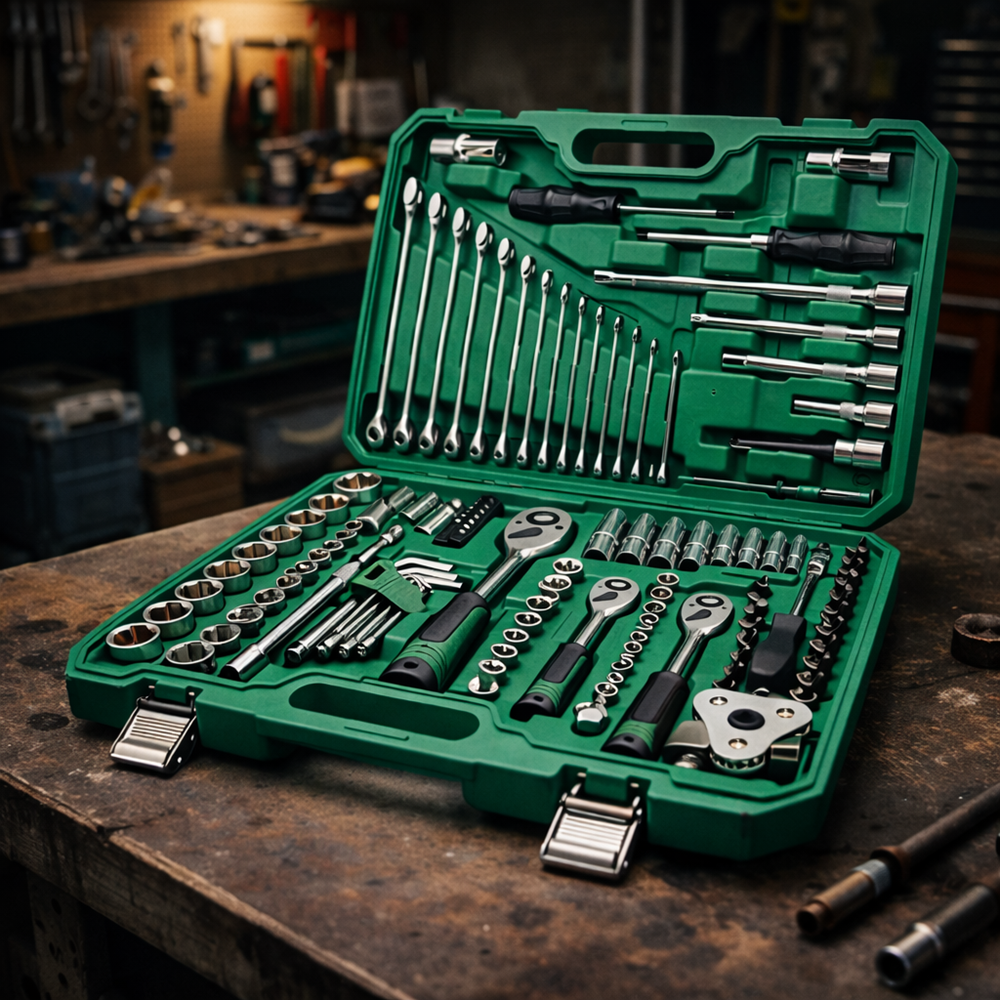 AutoPro 121 részes autószerelő szerszámkészlet kofferben – racsnis dugókulcs készlet, imbusz, bit, villáskulcs és csavarhúzó szett autó javításhoz 4