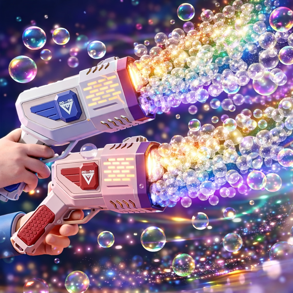Bubble Gun 36 lyukú LED buborékfújó pisztoly – automata szappanbuborék gép gyerekeknek, kék – 2026 egyik legkeresettebb játéka (BBJ) 2