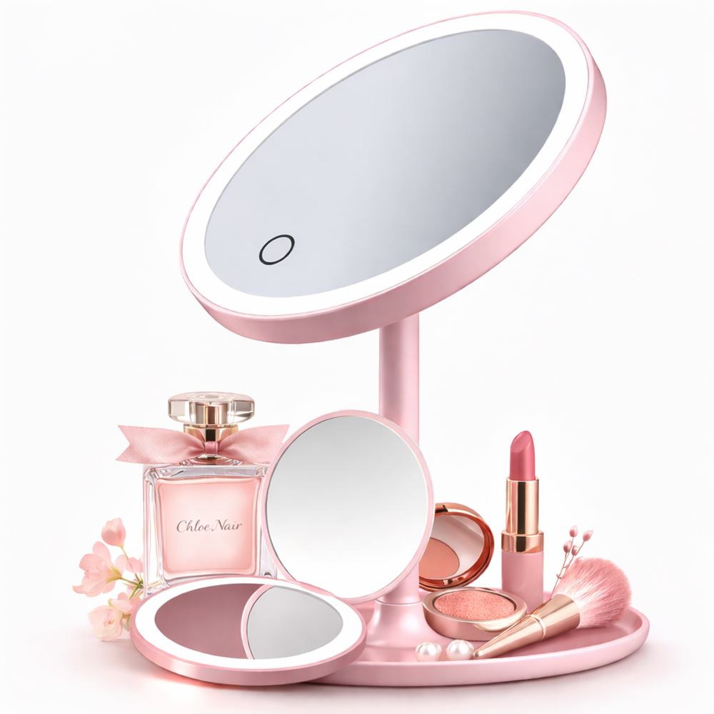 GlowBella Touch LED sminktükör – USB-s, akkumulátoros, érintésérzékeny kozmetikai tükör rózsaszín (BBV) 1